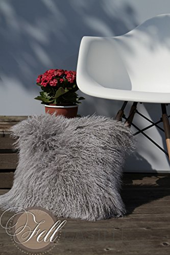 Kissen aus Tibet Lammfell, Tibetlammfell Fellkissen silbergrau, Rückseite aus Stoff, ca. 30 x 30 cm