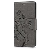 MAXFE.CO Lederhülle Leder Tasche Case Cover für Sony Xperia XZ Hülle PU Schutz Etui Schale Gray Muster Prägung Schmetterling Design Backcover Flip Cover Wallet Hardcase im Bookstyle mit Standfunktion Karteneinschub Etui Flip Case - 