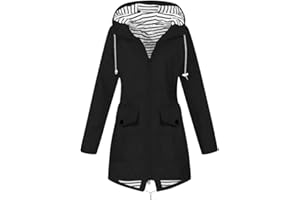 GÉNÉRIQUE Veste Imperméable Femme Manteau Long Imperméable Femmes Grande Taille Trench Capuche À La Mode Coupe Vent Couleur Unie Rayé avec Cordon Veste De Sport avec Zippé D'extérieur Vetement Femme