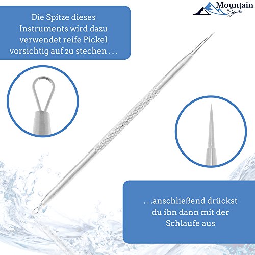 Mitesserentferner | Nummer 1 aus dem Testbericht | Das Original von MountaingGoods | 5-teiliges Mitesser,- Pickelentferner Set | E-Book: 7 Tipps für eine gesunde und schöne HautKomplettes Profi Set aus 5 verschiedenen Instrumenten | Mitesserentferner – Komedonenquetscher | Behandlung fÙr Pickel, Mitesser und Pusteln | FÙr unreine Haut | Speziell geformte Werkzeuge | Mit Anleitung in Form eines eBooks fÙr die richtige Anwendung | Qualitativ hochwertige Instrumente mit edler Metallbox - 6