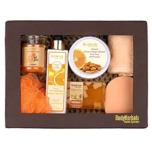 BodyHerbals Natural Orange Essential Skin Care Gift Set For Birthday, Anniversay & Wedding (Orange Face Pack 100gm, Orange Body Lotion 200ml, Orange Bathing Bar 100gms, Head Band Holder, Face Wash Sponge, Orange Scented Candle, Bath Puff) Face Care Kit & Sets