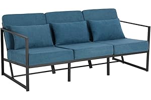 Mingone Divano 3 Posti in Tessuto Lino con Imbottito Design Moderno Divanetto con Braccioli con 3 Cuscini con Gambe in Metallo adatto a Soggiorni Camere da Letto Camere Degli Ospiti, Blu