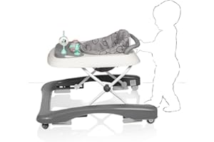 Baninni Pio Trotteur Evolutif Bébé Fille Garçon, 2en1, pousseur, avec plateau d'activités musical amovible, Trotteur bébé facilement pliable, De 6 à 18 mois, Jusqu'à 12 kg, gray dots