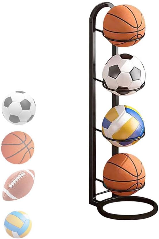 XPJBKC Estante de Almacenamiento de Pelotas, Soporte de Exhibición Vertical de 4 Niveles, Soporte para Balón de Fútbol, Soporte de Fútbol Baloncesto Extraíble, Soporte Vertical para Pelotas de Futbol