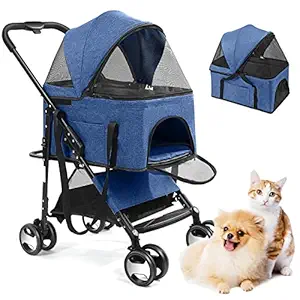 Wedyvko Pet Dog Stroller ?3 in 1 Cat Dogs Strollers with Removable Carrier, 4 Wheels Travel Foldable Aluminum Alloy Frame Carriage for Small Medium Dogs & Cats (Blue)