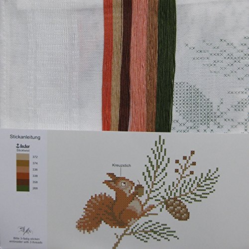 Stickpackung EICHHÖRNCHEN / Komplettes Vorgezeichnetes Tischdecken Set zum Sticken / Tier-Motiv Stickset mit Stickvorlage für Erwachsene / Sticken im Kreuzstich - 2