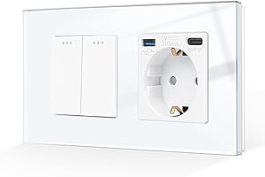 CNBINGO Interruptor de luz con enchufe, enchufe de cristal empotrado con conector USB (tipo C y tipo A 3,1 A total), interruptor de botón blanco, interruptor de 2 vías, interruptor de conmutación
