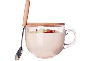 TAMUME 470ml Coppa in Vetro Microwavable con Coperchio in Legno, Include un Cucchiaio con Manico in Legno, Tazza Caffè Vetro