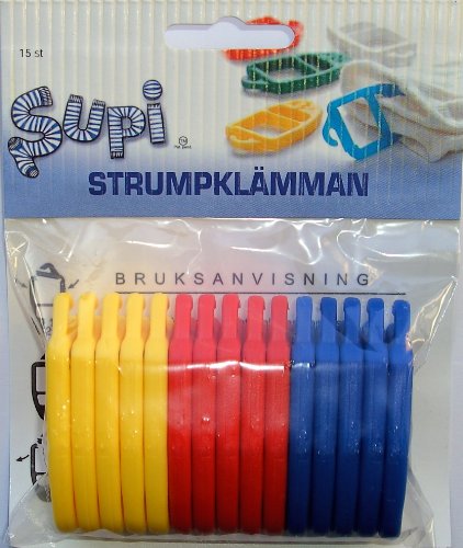 SUPI Sockenklammern Sockenclips Sockenhalter – cleveres Patent aus Finnland – stoffschonend – 15 Stück – je 5 in einer Farbe – drei verschiedene Sortierungen zur Wahl - 2