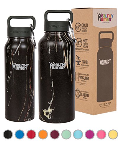 Healthy Human Water Bottle - Cold 24 Hours, Hot 12 Hours. Vacuum Insulated Stainless Steel Double Walled Thermos Flask with Carabiner &amp; Hydro Guide - Black Onyx - 950 ml / 32oz