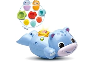 VTech - Théo, Mon Hippo Bébé Nageur, Jouet de Bain Bébé, Hippopotame Qui Nage, Animal Interactif et Musical avec 8 Accessoires de Jeu, Cadeau Enfant Garçon et Fille Dès 1 an - Contenu en Français