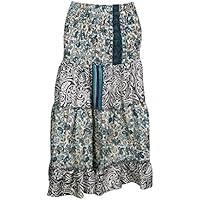 Mogul Interior Womens Skirts Blue Printed Ruched Boho Midi 2in1 Dresses S