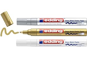 edding 750 marcador de tinta opaca brillante - blanco, oro, plata (metálico) - 3 rotuladores - punta redonda 2-4 mm - para vidrio, piedras, madera, plástico, papel - color permanente