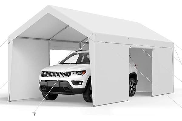 VEVOR Tente Garage, 3,65 x 6,09 m, Carport Abri de Voiture Extérieur avec Parois Latérales Amovibles et Portes, Résistant aux UV et à l'eau, Protection Toutes Saisons pour Automobile et Bateau, Blanc