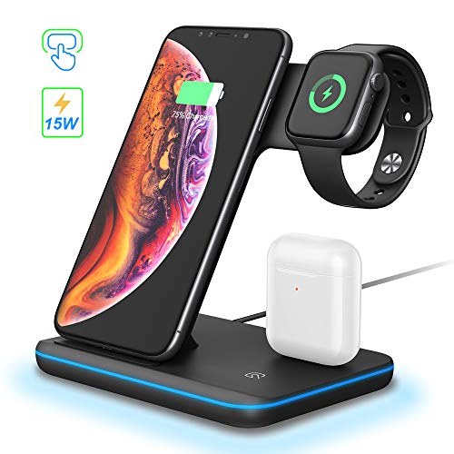 POWERGIANT Stazione di Ricarica Wireless 3 in 1 Qi Ricarica Veloce per Telefoni e Auricolari, Compatibile con con Airpods PRO 2 1 iWatch 5 4 3 2 1 iPhone 11 XS Max XR X 8 Plus Samsung S10 S9 S8