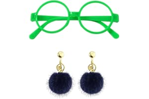 Bmeigo Green Wizard Round Glasses and Earrings - Plastic Glasses No Lenses with Fluffy Purple Earrings Eyeglasses Frame Fancy Dress Cosplay Accessories for Halloween Holiday Themed Party