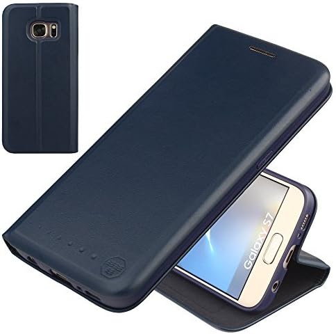 NOUSKE Samsung Galaxy S7 Flip Wallet Case with Credit Card Holder/Stand/Shockproof TPU Silicon Bumper, Navy Blue