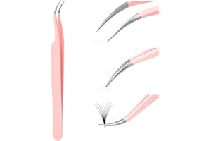 Tweezers for Eyelash Extension Professional Pink Stainless Steel Curved Tip Professional Eyelash Tweezers Striped FADVAN (Bending with Small Angle)