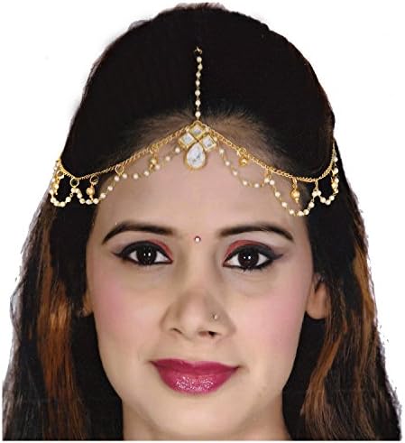 Lucky Jewellery Casual Bridal Dulhan Kundan White Color Stone Moti Maang Tikka Pearl Matha Patti for Girls & Women (L1P-Parent)