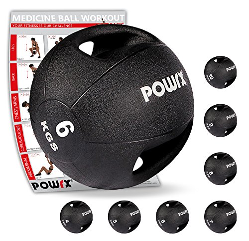 Medizinball mit Griffen Profi 3 - 10 kg von POWRX | schwarz Gewichtsball Studioqualität