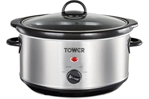 Tower T16039 Slow Cooker with 3 Heat Settings and Removable Dishwasher Safe Pot, Up to 4 Portions, 3.5 Litre, Stainless Steel