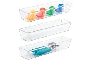 mDesign Práctico cubertero para cajón – Caja transparente para cubiertos y utensilios de cocina – Cajones de plástico de almacenaje libres de BPA – Juego de 3 – transparente