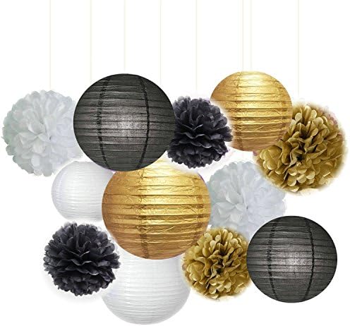12PCS Mixed Black Gold White Tissue Paper Pompoms Hanging Paper Lantern Ball Themed Wedding Garland Birthday Shower Party Decoration