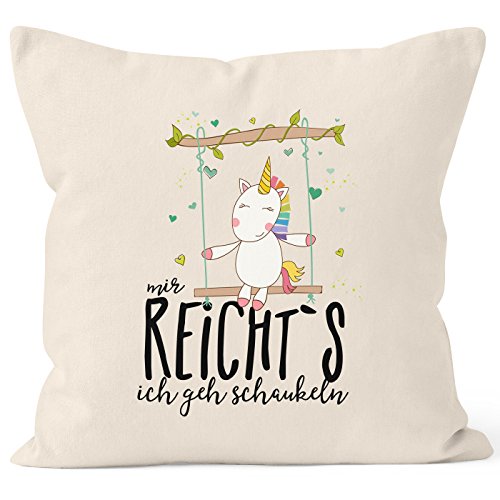 Kissenbezug Einhorn auf Schaukel "Mir reicht`s ich geh schaukeln" Spruch 40x40 Baumwolle MoonWorks® natur-schwarz Pullover
