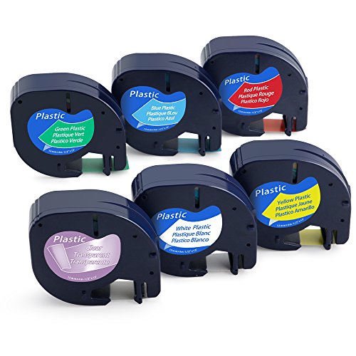 6 x Plástico Cintas de Etiquetas Compatible para Dymo LetraTag, Negro en Claro/Blanco/Rojo/Amarillo/Azul/Verde Cassettes para LT-110T LT-100H QX 50 XR XM 2000 Plus, 12mm x 4m