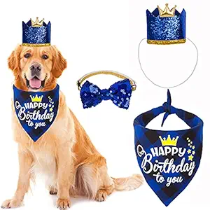 ADOGGYGO Dog Birthday Party Supplies, Dog Birthday Hat Bandana Scarf with Cute Dog Bow Tie for Small Medium Dogs Pets