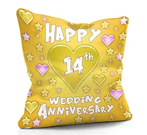 DreamVio Happy 14th Anniversary Cushion,Pillow for Gifting on Birthday's & Wedding to Couple,Husband, Wife, Friends Color : Yellow (12 x 12 inch)