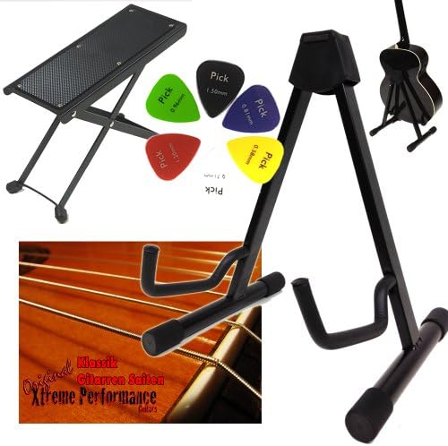 Guitar Stand for Acoustic Guitars with Adjustable System + Set of Guitar Foot Rest + Classical/Concert Guitar Strings & 6 picks
