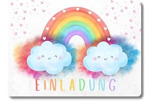 ‎CELEBR8TE celebr8te 12x Einladungskarten mit Regenbogen Motiv - Für den Kindergeburtstag von Mädchen - Bunte Geburtstagseinladungen inkl. Messenger Bild & Urlaubsgutschein