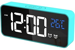 CHEREEKI Cyfrowy Budzik, Byfrowy Zegar LED z Wyświetlaczem Temperatury Przenośny Budzik z Lustrem Zegar Stołowy z 2 Alarmami 13 Dźwięków Alarmu Akumulator USB 4 Regulacja Jasności i Głośności, 12/24 Godziny