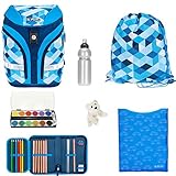 7 Teile komplett: Rucksack + Sportbeutel + Mäppchen gefüllt + Heftmappe + Wasserfarbenkasten + Trinkflasche + Eisbär Anhänger