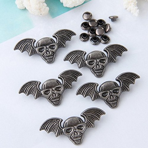 Ecloud Shop® 5x Kupfer Nieten Schraubnieten Killernieten Hohlnieten DIY Punk Skull m. Flügel - 2