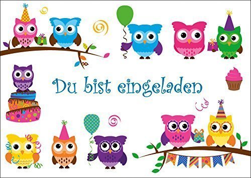 12 Eulen-Einladugskarten (Set 1): 12 lustige Eulen-Einladungen zum Kindergeburtstag oder zur Party von EDITION COLIBRI © (10645)