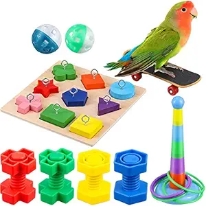 6 Pieces Bird Training Toys Parrot Intelligence Toy Parrot Wooden Block Puzzles Toy Stacking Rings Toy Mini Parrot Skateboard Nuts and Bolts Bird Toy Bell Balls for Budgie Parakeet Cockatiel Macaw