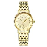 Longbo Luxus Damen Gold Full Edelstahl Band Business Uhren wasserdicht römischen numral Frau Analog Quarz Armbanduhr Auto Datum Kalender Gold Zifferblatt Paar Kleid Armbanduhr