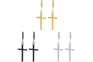 MIKOVIVI 3 Pairs Cross Earrings, Stylish Stainless Steel Dangle Earrings for Men Gold Black Silver Crucifix Cross Earrings for Men Jewelry Gift