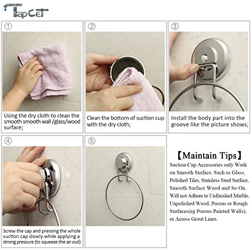 TAPCET Rund HandtuchHalter Handtuchringe Selbstklebende Edelstahlhaken Haken ohne Bohren Wandmontage für Küche/Bad Leistungsstarke Vakuum-Saugnapf - 4