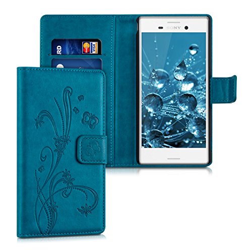 kwmobile Funda para Sony Xperia M4 Aqua - Wallet Case Plegable de Cuero sint  tico - Cover con Tapa Tarjetero y Soporte Dise  o Zarcillos y Mariposas en Azul Oscuro