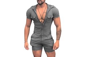 Oanviso Herren Casual Kurzarm Strampler Einfarbig Persönlichkeit Overalls Reißverschluss oder Knopfverschluss One-Piece Sport Onesie Bequemer Schlafanzug Multi-Kragenformen Jumpsuit