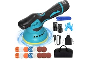 HOUSIWILL Pulidora Coche, 380W 125mm Pulidora Orbital Coche con 2 Baterías y 20 Accesorios, 8 Velocidades Variables Pulidora Coche Inalambrica de 2800 a 5500RPM para el Pulido y Encerado de Detalles de Coches