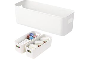 WSAMJIN 3 Pezzi Scatola di Immagazzinaggio, Cesto di Immagazzinaggio In Plastica, Organizzatore con Maniglie Cesti di Immagazzinaggio Per Cassetti, Cucina, Casa, Bagno - 28×9×11cm (Bianco)