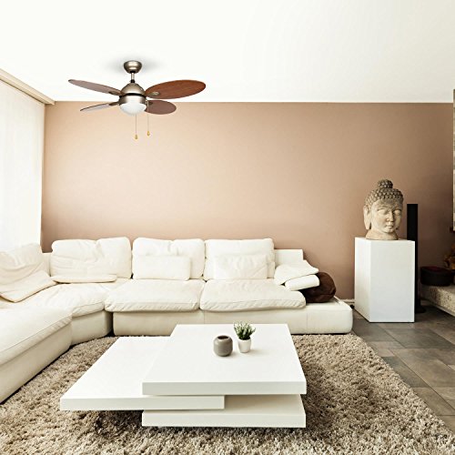 Klarstein • Valderama • Deckenventilator • mit Beleuchtung • 4 Rotorblätter • laufruhig • 106 cm Durchmesser • zwei Drehrichtungen • integrierte Deckenleuchte • 2 x 43 Watt • Kettenzug • 3 Geschwindigkeiten • Korpus aus gebürstetem Nickel • hellbraun - 4
