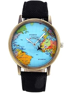 JSDDE Uhren,Vintage Weltkarte Armbanduhr Flugzeug Sekundenzeiger Denim-Gewebe-Lederband Quarz Kleid Uhr,Schwarz