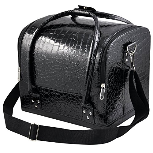 Professional Faux Leather Technician Cosmetics Case Makeup Bags, Easy Carry,Black