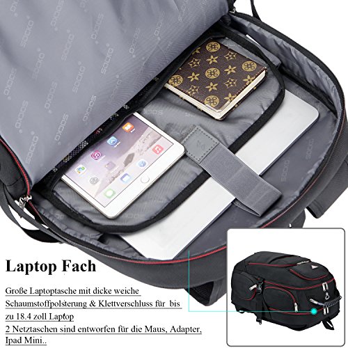 Laptop Rucksack 18,4 Zoll , SOCKO Wasserdichte Nylon Schulrucksack strapazierfähig Reisetasche Hiking Knapsack College Studenten Tagesrucksack mit Schulterreimen für 18-18,4 Zoll Laptop Notebook Computer (Schwarz) - 4