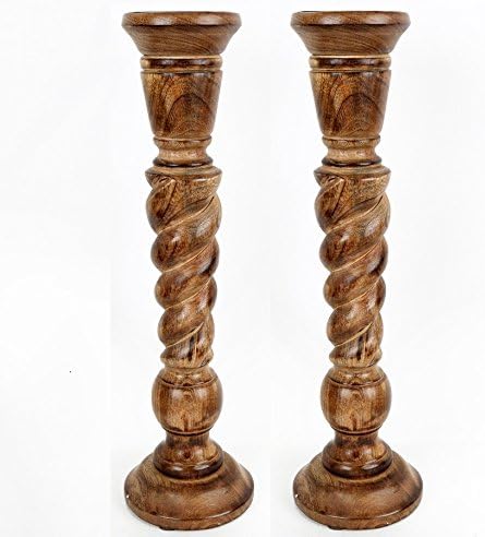 Dark Brown Wooden Wood Candlestick Pillar Church Xmas Candle Holder Stand in Choice of Sizes and Set Deals (Set of 2 Medium)